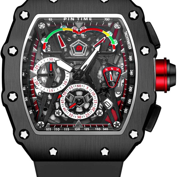 Men's Luxury Tonneau Chronograph Watch with Luminous Dial & Rubber Band